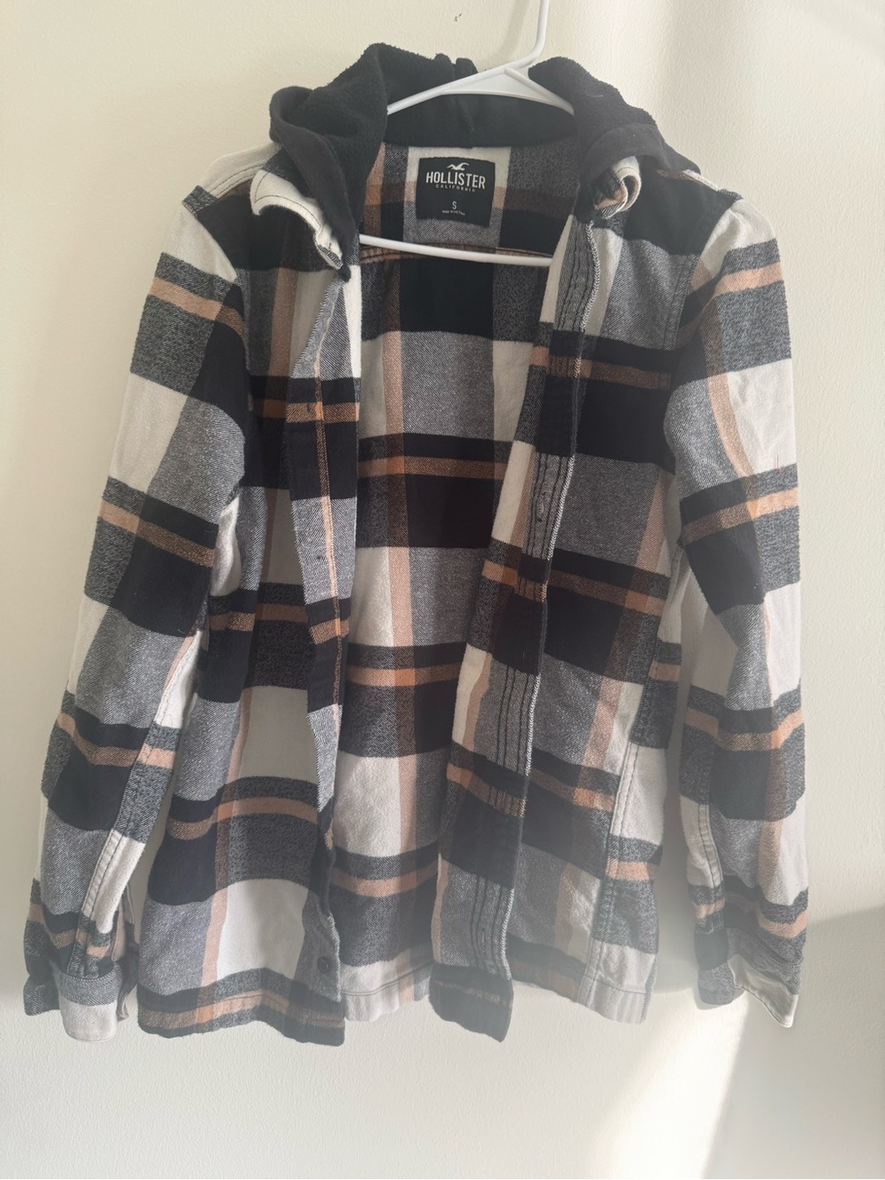 Hollister Black, Gray & Tan Plaid Hooded Flannel Shirt
